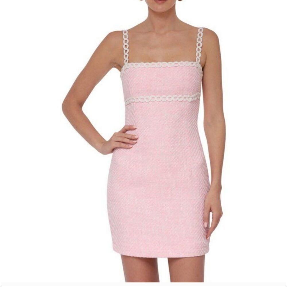 Avec Les Filles Tweed Boucle Pink White Mini Embroidered Dress XL